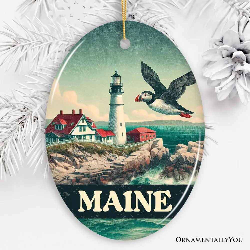 Vintage Maine Lighthouse and Puffin Ornament, New England Coastal Christmas Gift and Seaside Souvenir