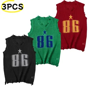 Grandclad Men's Knitted Openwork Distressed Pullover Sleeveless Vest with "64" Graphic Summer Knitwear