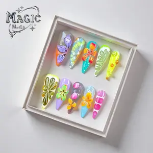 Magic Nails Art 2026 New Years Gift Salon Quality 10-Piece 3D Flower & Lemon Design Reusable Press-On Nails Trendy Acrylic Nail Art for Everyday Office Wear Long Lasting