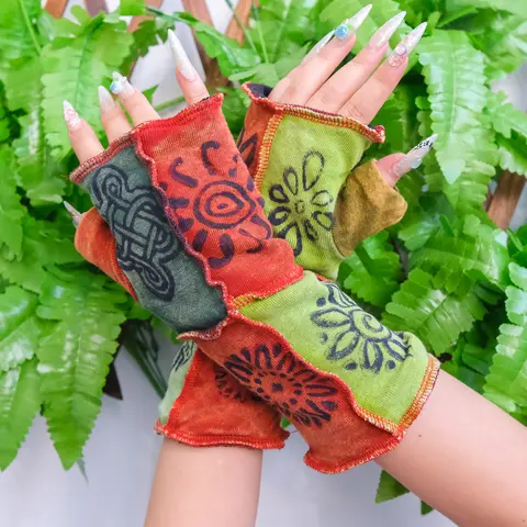 Unisex Funky Crochet Patchwork Fingerless Gloves - Cotton-Fleece Blend Fleece-Lined Boho Handmade Winter Wrist Warmers, Women's Heat Insulation Hand Warmers Fashion Accessories