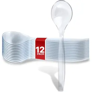 12 Count 10-Inch Disposable Clear Plastic Serving Spoons for Catering, Weddings, Holiday Parties, and Buffets - Large Utensils by Stock Your Home