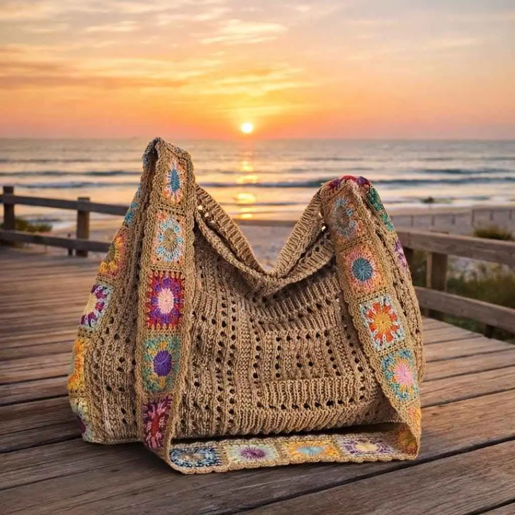 Crochet Tote Bag for Women, Boho Granny Square Cotton Shoulder Bag, Lightweight & Casual for Beach, Market & Everyday Use, Slip