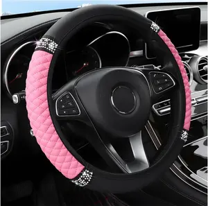 Bling Steering Wheel Cover 15 Inch | Sparkly Rhinestone Diamond Design | Soft Leather Grip, Stretch Fit | Luxury Car Interior Accessory for Women (Pink)