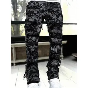 Trend Men's Paisley Print Frayed Hem Slim Fit Jeans for Daily Wear