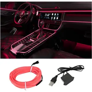 16FT Cuttable EL Wire Car Interior Lighting, 5V USB-Powered Auto LED Strip Lights with Sewing Edge, Romantic Glow Ambient Automotive Underglow Accessories (Pink)