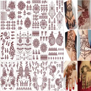 12 Sheets Henna Temporary Tattoo Kit, Waterproof Brown Tattoo Stickers for Girls Women Wedding Party Body Art Stickers (Brown-2) cohesive tattoos
