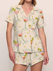 Women's Short Sleeve Sleepwear Set, Print Cherry, Soft Comfortable Casual Home Wear, Elastic Waist Design, All Seasons