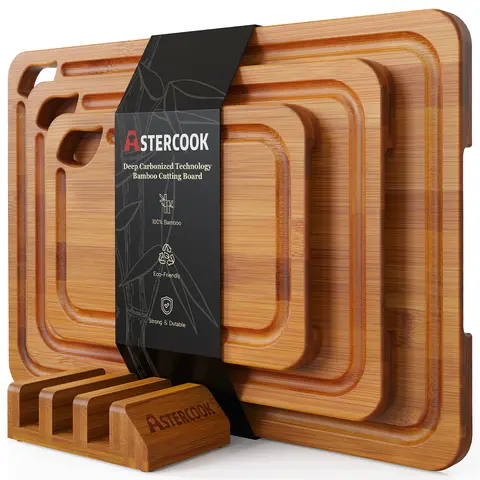 【Official】Astercook 4-Piece Durable Eco-Friendly Wooden Chopping Board Set with Holder, Food-Grade Non-Slip Kitchen Accessories, 3-Size Plastic-Free Mold-Free Organizer, Hand Wash Only Cooking Cutting Board for New Home Setup, Steak Prep
