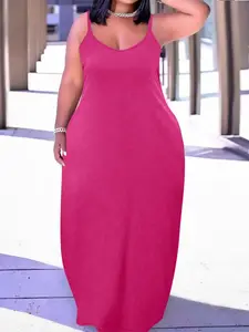 Plus Size Solid Backless Cami Dress, Casual Pocket Maxi Dress for Summer, Women's Plus Clothing for Daily Wear