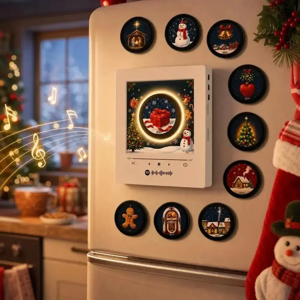 Christmas Vinyl Fridge Magnet Music Player - Includes 9 vinyl records, mini record player, NFC records, Christmas gift