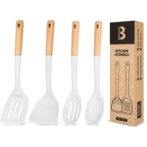 Silicone Cooking Utensils Set, Perfectly Angled for Frying, Mixing,Serving,Draining,Turning and Stirring, BPA-Free Matte Silicone, Wood Handles, Safe for Nonstick Cooking Surfaces,4 Pack