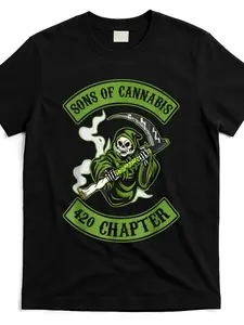 Men's 420 Culture Graphic T-Shirt - Sons of 420 Chapter Design with Leaf & Joint Print, Heavyweight 100% Cotton Short Sleeve Round Neck Casual Streetwear Tee for 4/20 Events & Casual Attire, Relaxed Fit with Skull & Leaf Motif, Machine Washable, Spring/Su