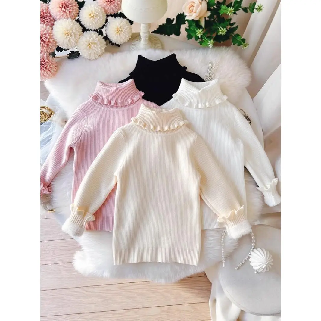 Girls' Mock Neck Lace-Trimmed Fleece-Lined Thick Knit Top, 2026 Winter New Style 1-Piece Kids' Sweater