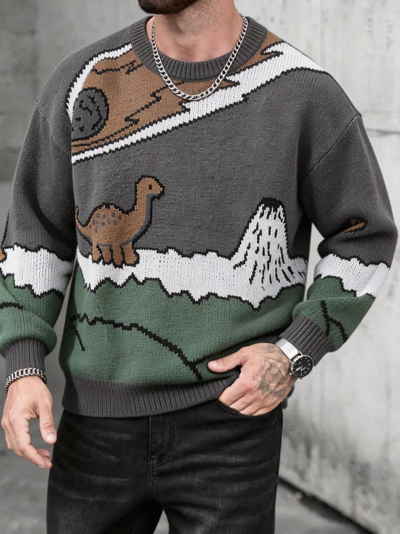 Cartoon Dinosaur Jacquard Round Neck Sweater, Men's Retro Fun Knitwear, Fall Winter Loose Fit Casual Top, Comfortable and Stylish