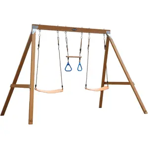JOYMOR Cedar Wood Swing Sets for Backyard with Dual Seats & Lifting Rings, Easy Assembly - Adjustable Seat Height, Heavy-Duty Metal Connectors & Ground Stakes for Stability.