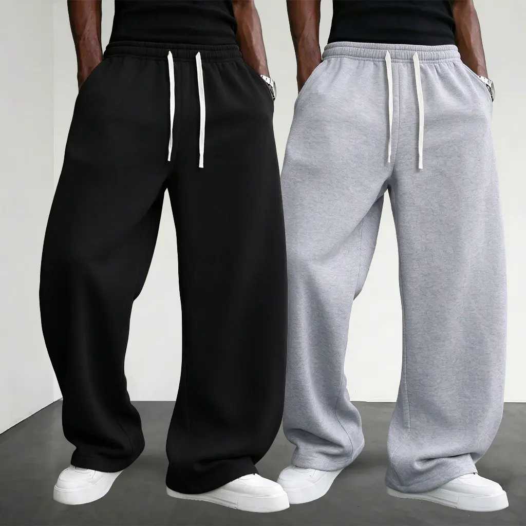 Men’s 2-Pack 100% Polyester Long Baggy Athletic Wide-Leg Pants - Beige, Drawstring Waist, Ultra-Soft Lightweight Sportswear for Running, Fitness Athleisure Bottoms, Long Baggy Men's Pants,sohochic