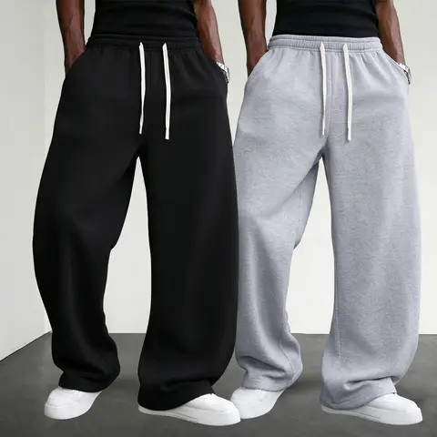 Men’s 2-Pack 100% Polyester Long Baggy Athletic Wide-Leg Pants - Beige, Drawstring Waist, Ultra-Soft Lightweight Sportswear for Running, Fitness Athleisure Bottoms, Long Baggy Men's Pants,sohochic