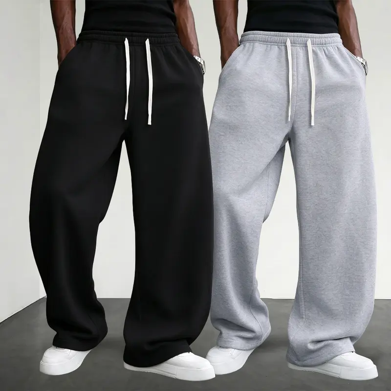 Men’s 2-Pack 100% Polyester Long Baggy Athletic Wide-Leg Pants - Beige, Drawstring Waist, Ultra-Soft Lightweight Sportswear for Running, Fitness Athleisure Bottoms, Long Baggy Men's Pants,sohochic