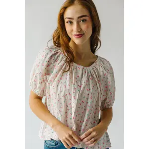 The Medlin Puff Sleeve Button-Up Blouse in Ivory + Pink