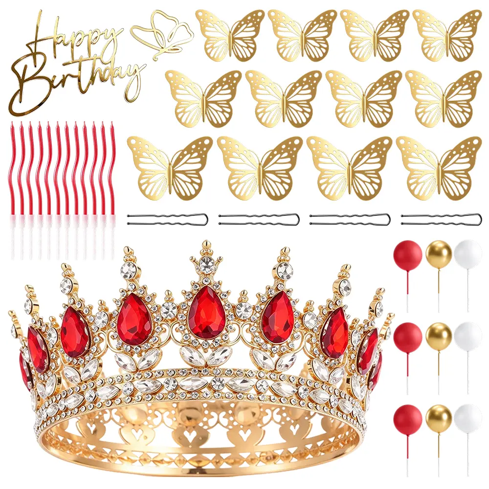 1Set Happy Birthday Red Crown Cake Topper Kit, Cake Decorations of Candles Balls Butterfly for Women Queen Princess Birthday Wedding Pageant Prom Costume Party