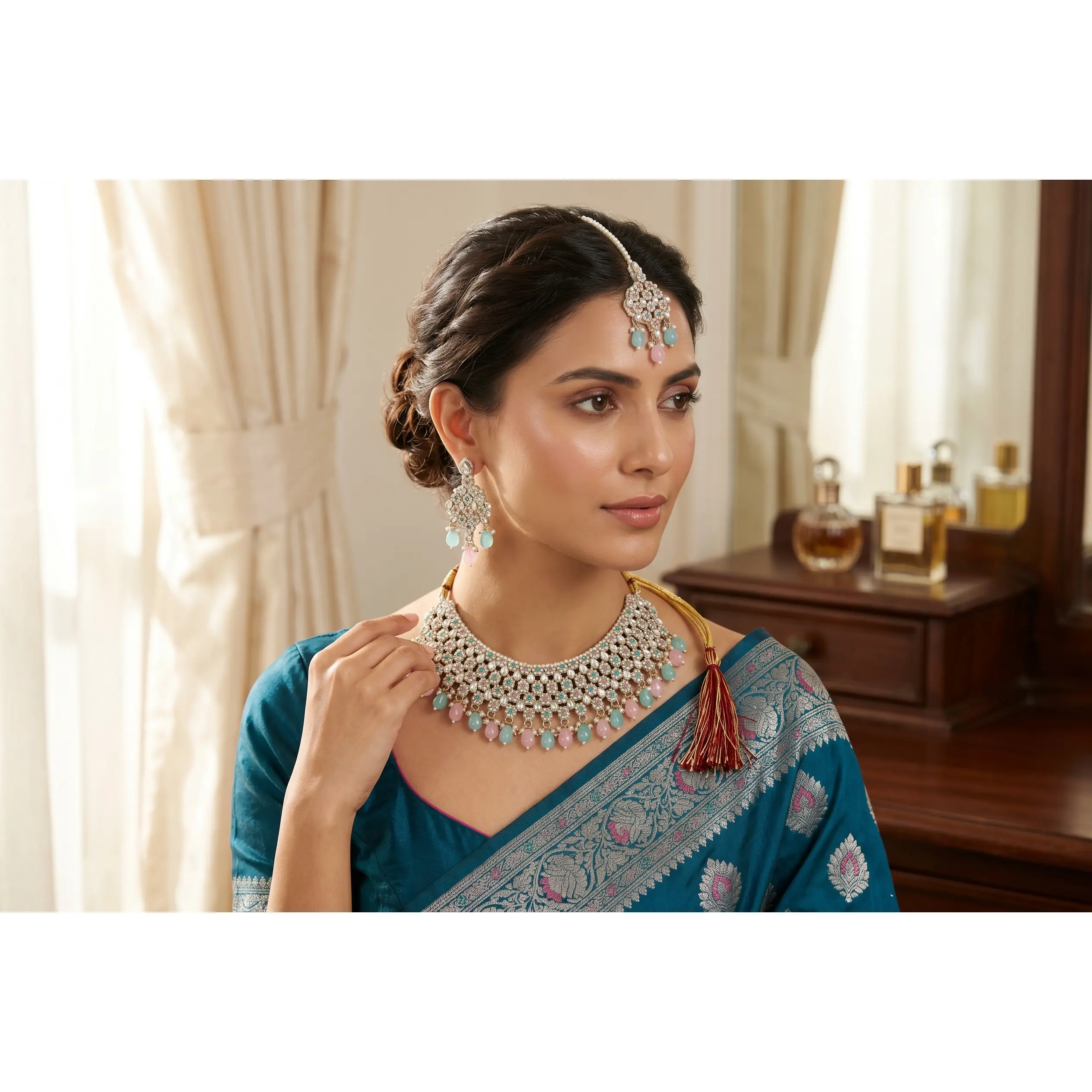 Traditional Indian Afghan 4-Piece Bridal Jewelry Set – Gold Tone Choker Necklace, Earrings, Maang Tikka & Headpiece with Pastel Pink & Mint Stones | Ethnic Wedding Jewelry 020