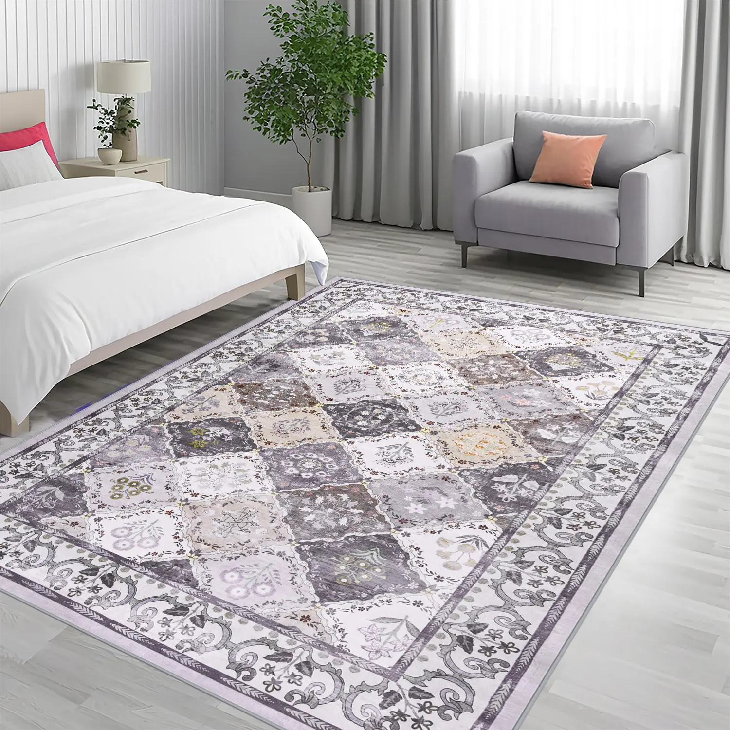 Washable Rug 4x6 Area Rug, Farmhouse Indoor Rugs for Living Room, Vintage Non Slip Machine Washable Large Rugs, Soft Print Distressed Grey Farmhouse Carpet for Office Bedroom Dining Room