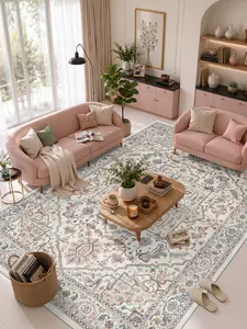 ComiComi Area Rug 8x10 Vintage Colorful Machine Washable Living Room Rugs Distressed Cream Retro Floral Vacuumable Low Pile Carpet Bedroom Office Dining Farmhouse Playroom Non Slip