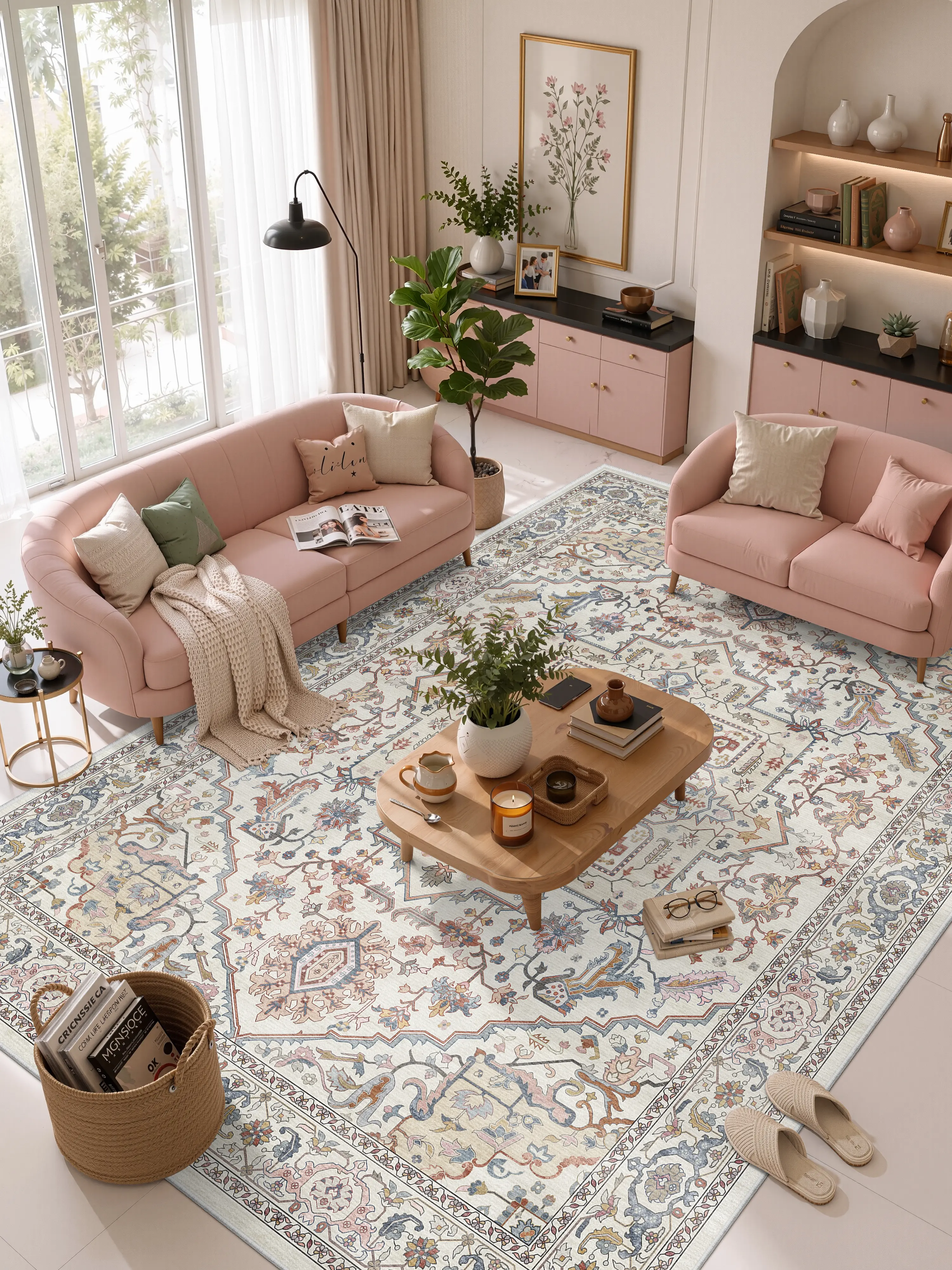 ComiComi Area Rug 8x10 Vintage Colorful Machine Washable Living Room Rugs Distressed Cream Retro Floral Vacuumable Low Pile Carpet Bedroom Office Dining Farmhouse Playroom Non Slip