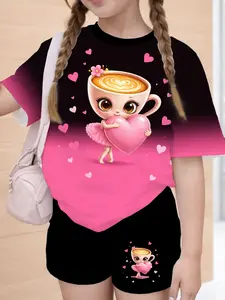 Teen Girls' Casual Gradient Print Short Sleeve T-Shirt & Shorts Set, Summer, Casual Outfit Set, Loose-Fitting Street Style, Bright Color