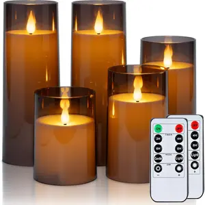 Flameless Candles  Operated with Remote Timer,  Flickering LED Pillar Candle for Halloween Decoration,  Decor,  for Family and , Grey, Set of 5