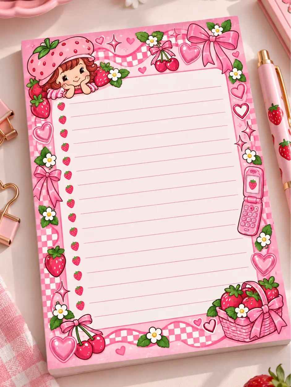 Strawberry Girl 5x7 Notepad | Cute Pink Strawberry Stationery | Kawaii Girly Memo Pad | 50 Sheet Notepad