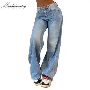 Women’s high-waisted denim jeans, wide-leg loose jeans, washed denim jeans with pockets, denim original