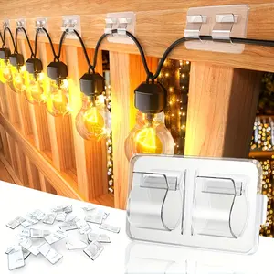 30 Counts Transparent Plastic Hooks for Outdoor String Lights, No Drilling Cable Clips, Waterproof Self Adhesive Clips, Wall Hook