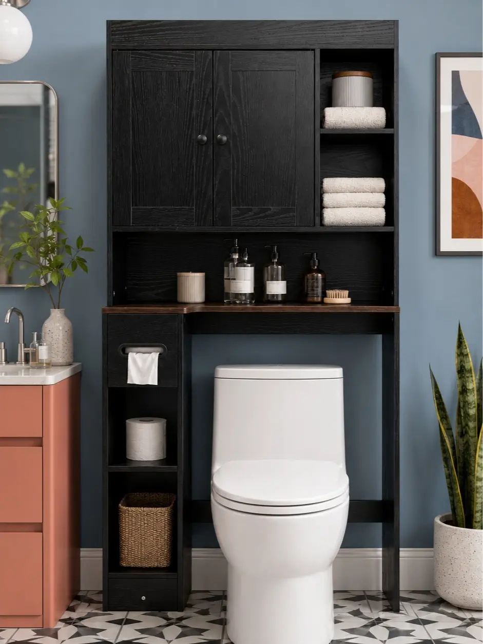 NIVISRE-Black Farmhouse Over-the-Toilet Storage Cabinet, Freestanding Bathroom Organizer with 2 Doors, Open Shelves and Toilet Paper Holder, Space-Saving Toilet Rack for Bathroom, Restroom and Laundry Room