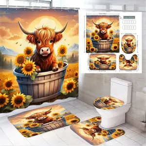 4pcs Whimsical Highland Cow Bathroom Set, Charming Shower Curtain, The floor mat fabric is thicker and softer! Cozy Bath Mats & Toilet Lid Cover, Sunflower & Rustic Barrel Design