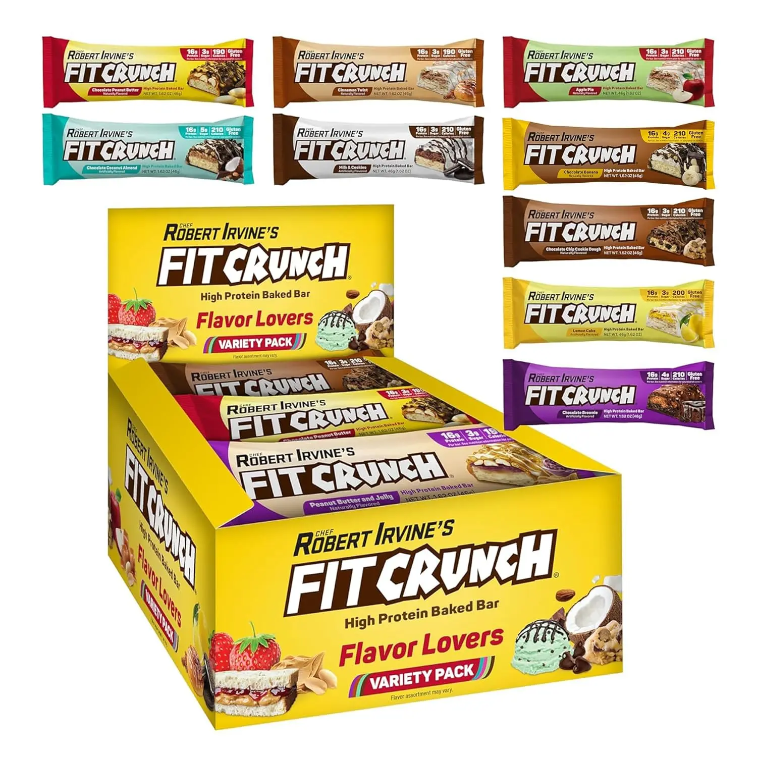 FITCRUNCH Snack Size Multi-Flavor Low-Sugar Protein Bars, 6-Layer Baked Bars with Chocolate & Peanut, 3g Sugar, Gluten-Free, Soft Cake Core (9-Count Flavor Lovers Pack), Multi-Flavor Protein Bars