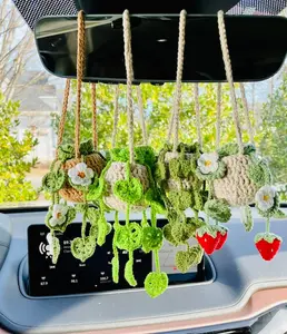 Cute Crochet Car Hanging Plant Rearview Mirror Plant Decoration Succulent Hanging Plant Car Accessory Gift for Mom Her Women Birthday Gift