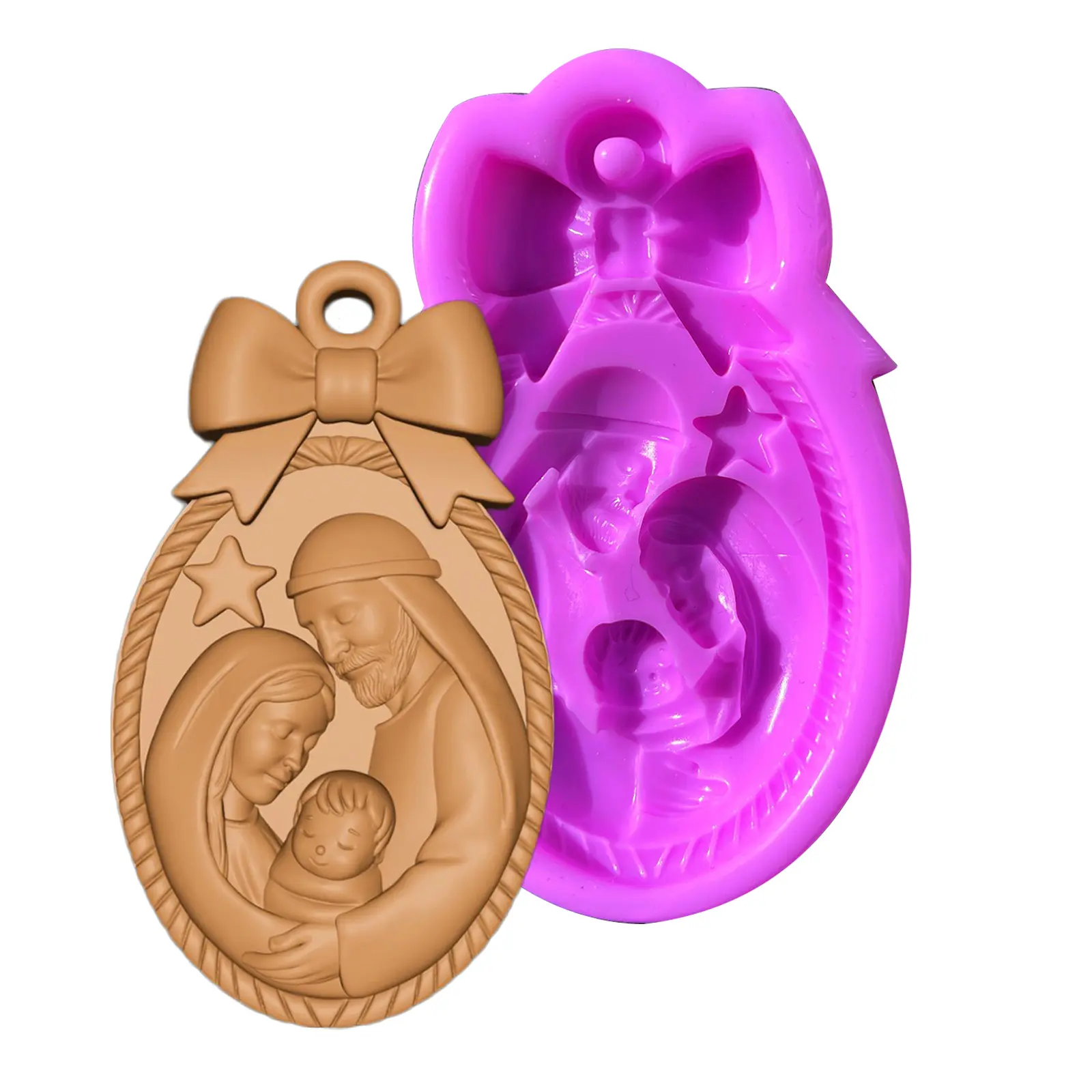 Nativity Ornament Silicone Mold – Oval Holy Family Christmas Candle Mold with Bow