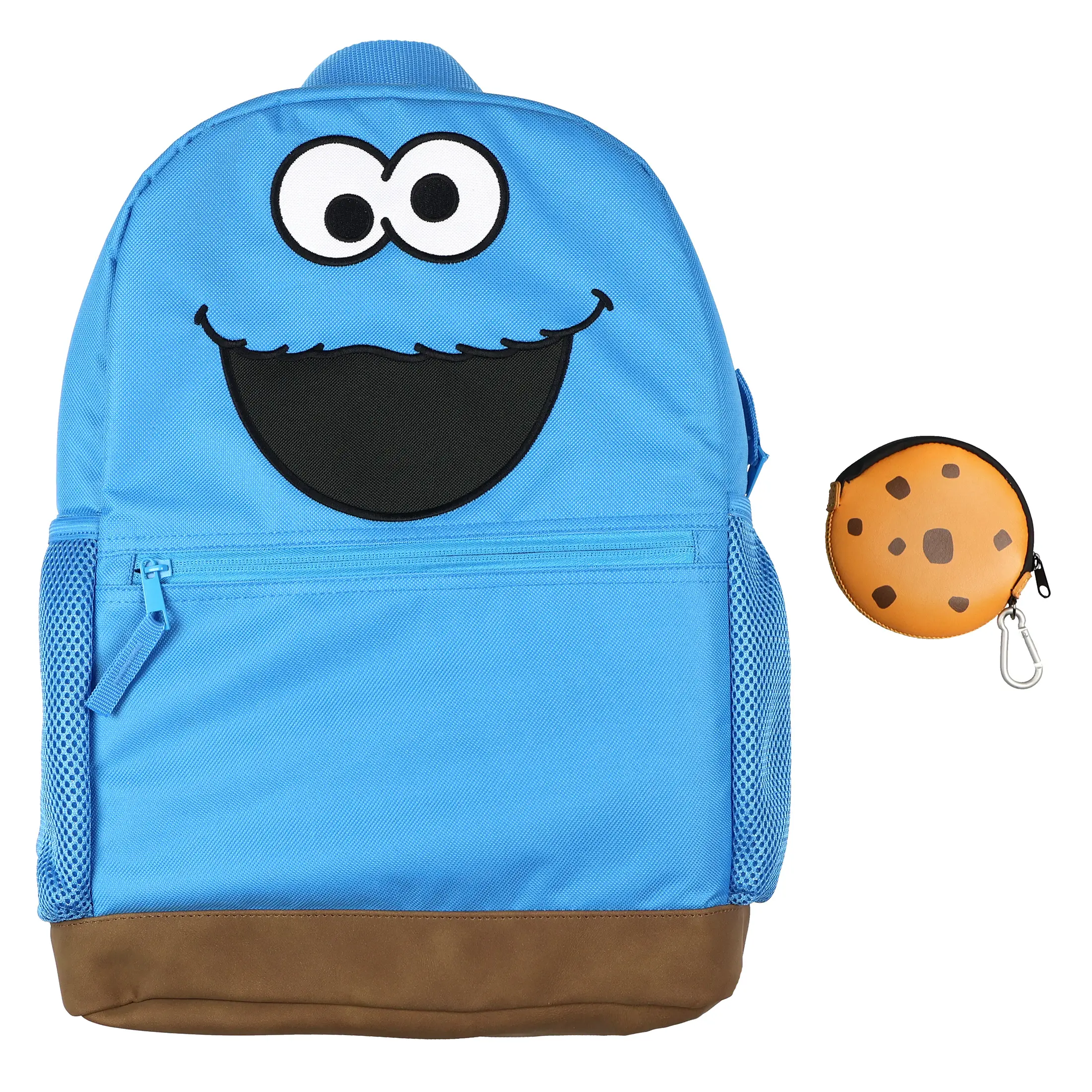 Sesame Street Backpack Cookie Monster Character 16" Book Bag with Keychain Cookie Tech Coin Pouch