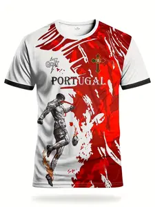 Portugal Men's Sports Shirt & Breathable Round Neck Tee, Football Print, Soccer Jersey, Lightweight Sweat-Wicking Fabric, Casual Fit, All Seasons, Sports Top
