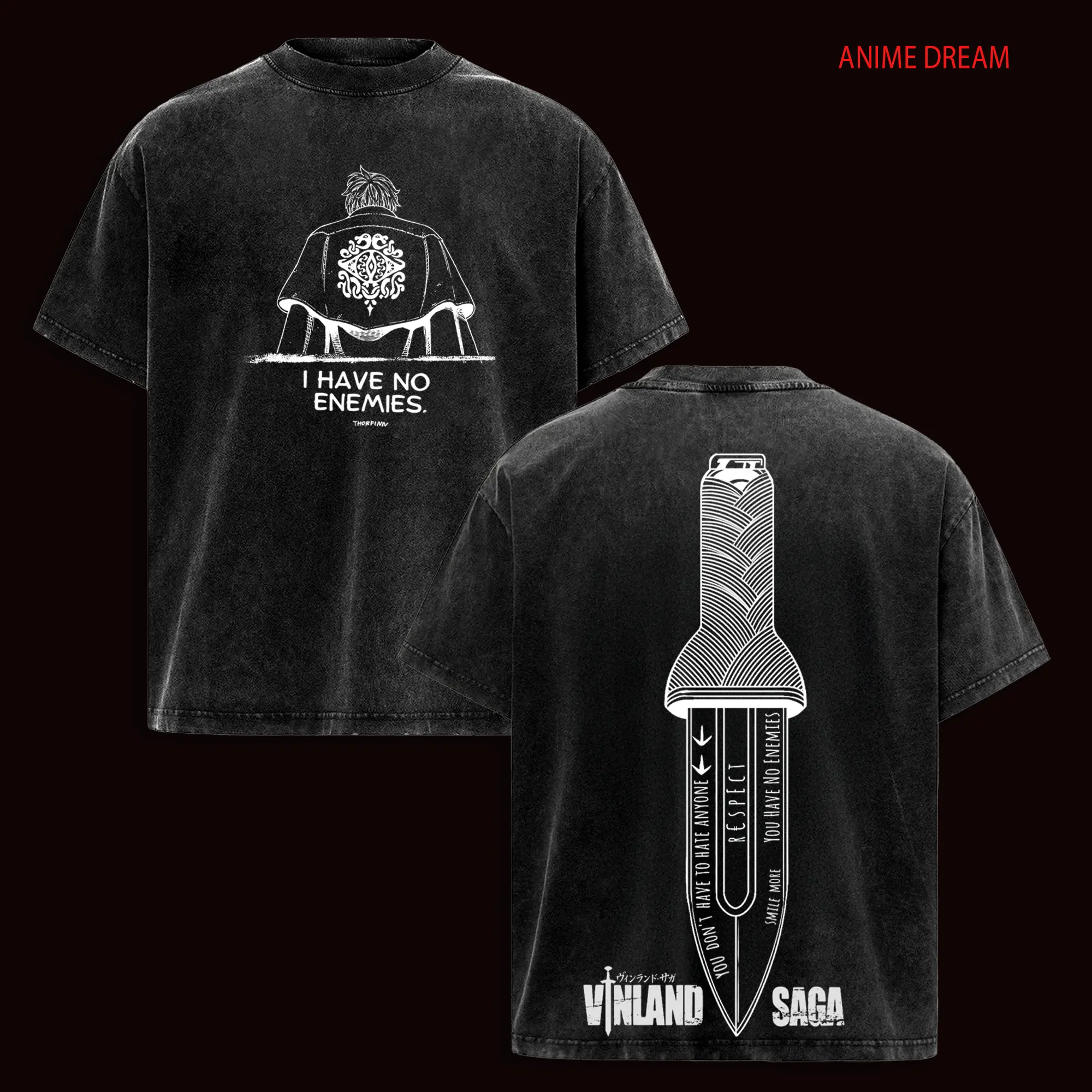 “ i have no enemies “ Vinland Saga Anime Double Printed Vintage Washed Tee Unisex Oversize Heavyweight Cotton T-shirt for Anime Fans and Lovers
