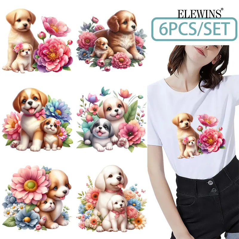 Mother's Day 6Pcs Cute Dog Hot Stamping DTF Transfer Decals for Tshirt Hoodie Jeans Backpack Pillow Machine Washable Reusable Iron on Vinyl Diy Design for Men Women Diy Craft Supplies
