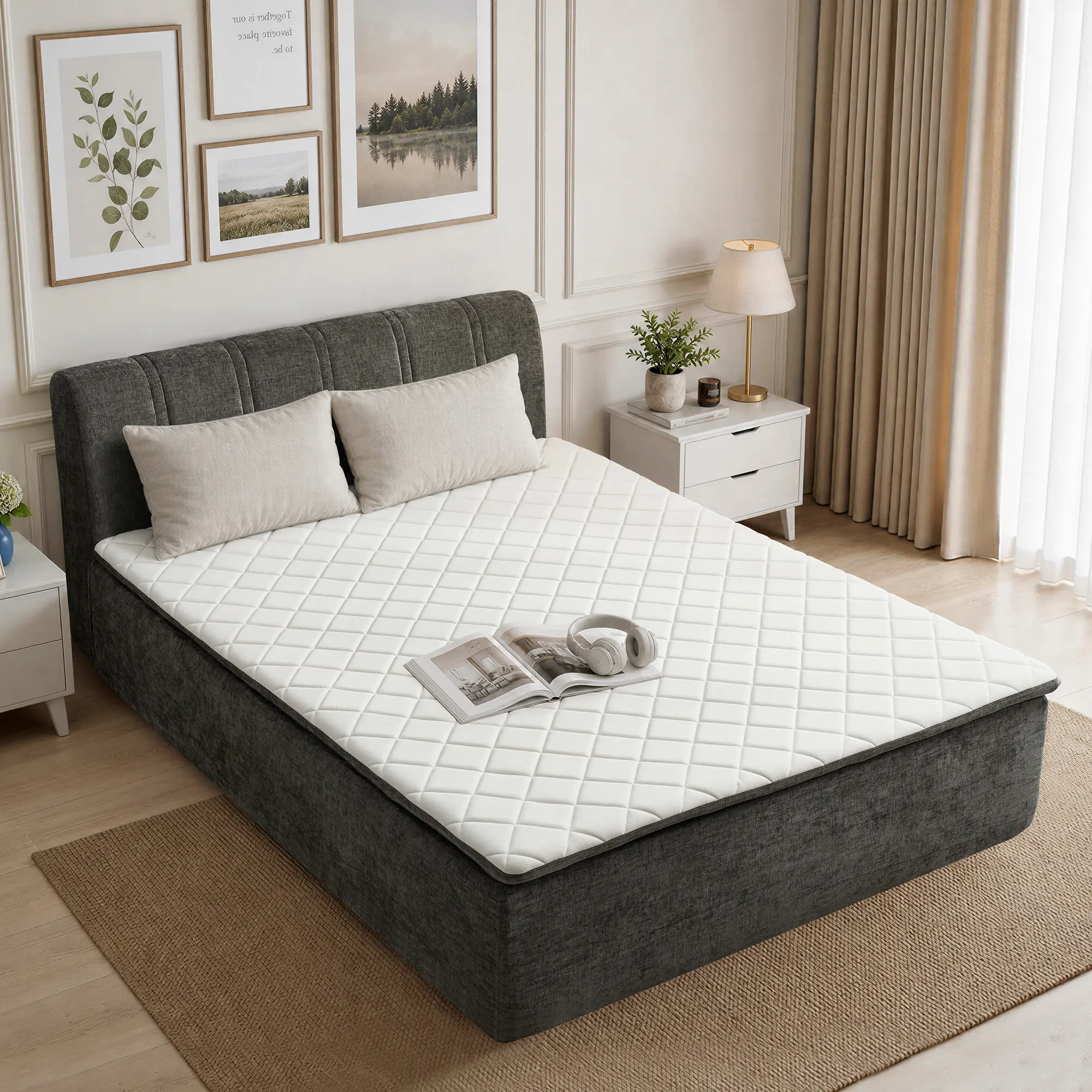 CAODOC Queen Size Memory Foam & Spring Mattress with Removable Headboard, Modern Floor Bed with Breathable Memory Foam Mattress & Headboard, Medium Firm Support, No Nnoise,No Assembly Required Queen Full Twin Size