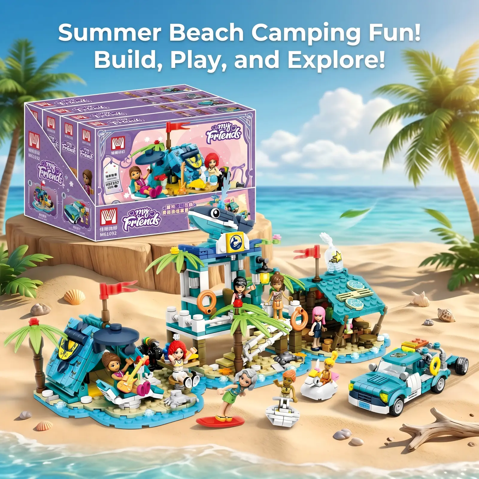 Unisex 4-in-1 Ocean Themed Building Block Set - Easy-to-Assemble ABS Plastic Bricks Kit with Beach Office, Drink Shop, Glamping Tent, Pickup Truck, Tree, Mini Figures, Encourages Creativity, Perfect Family Project and Gift for 13-17 Years