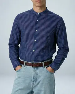 'Liam' Band Collar Blue and White Stripe Long Sleeve Shirt