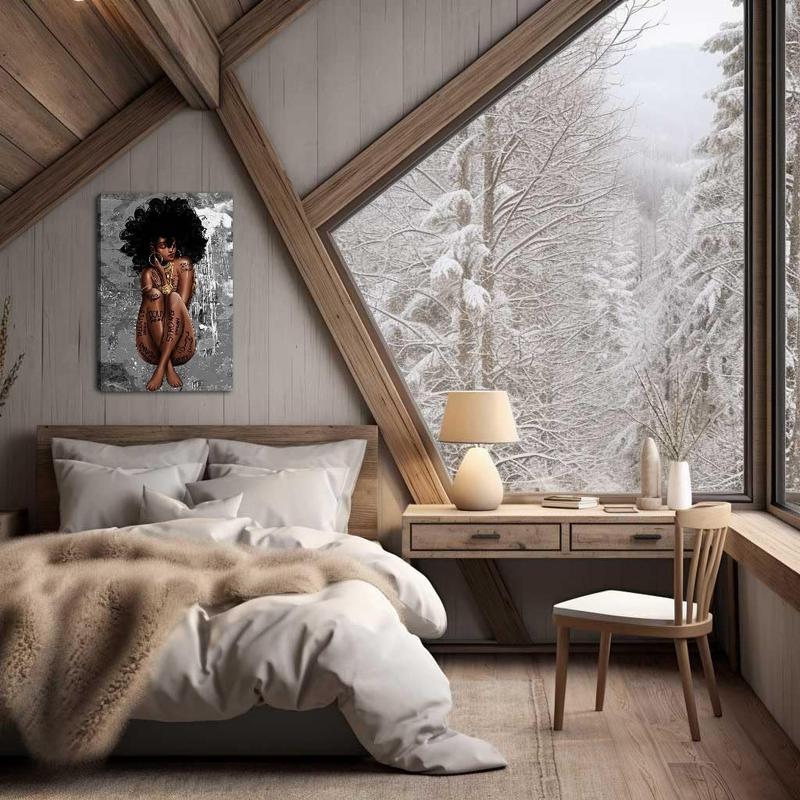 Frameless Art Poster: Black Queen Wall Decoration. African American Wall Art. Abstract Canvas Wall Decor Featuring a Black Girl, Ideal as Fashionable Black Woman Wall Decor. African Woman Portrait in a Meditation Theme, Presented as a Vertical Painting