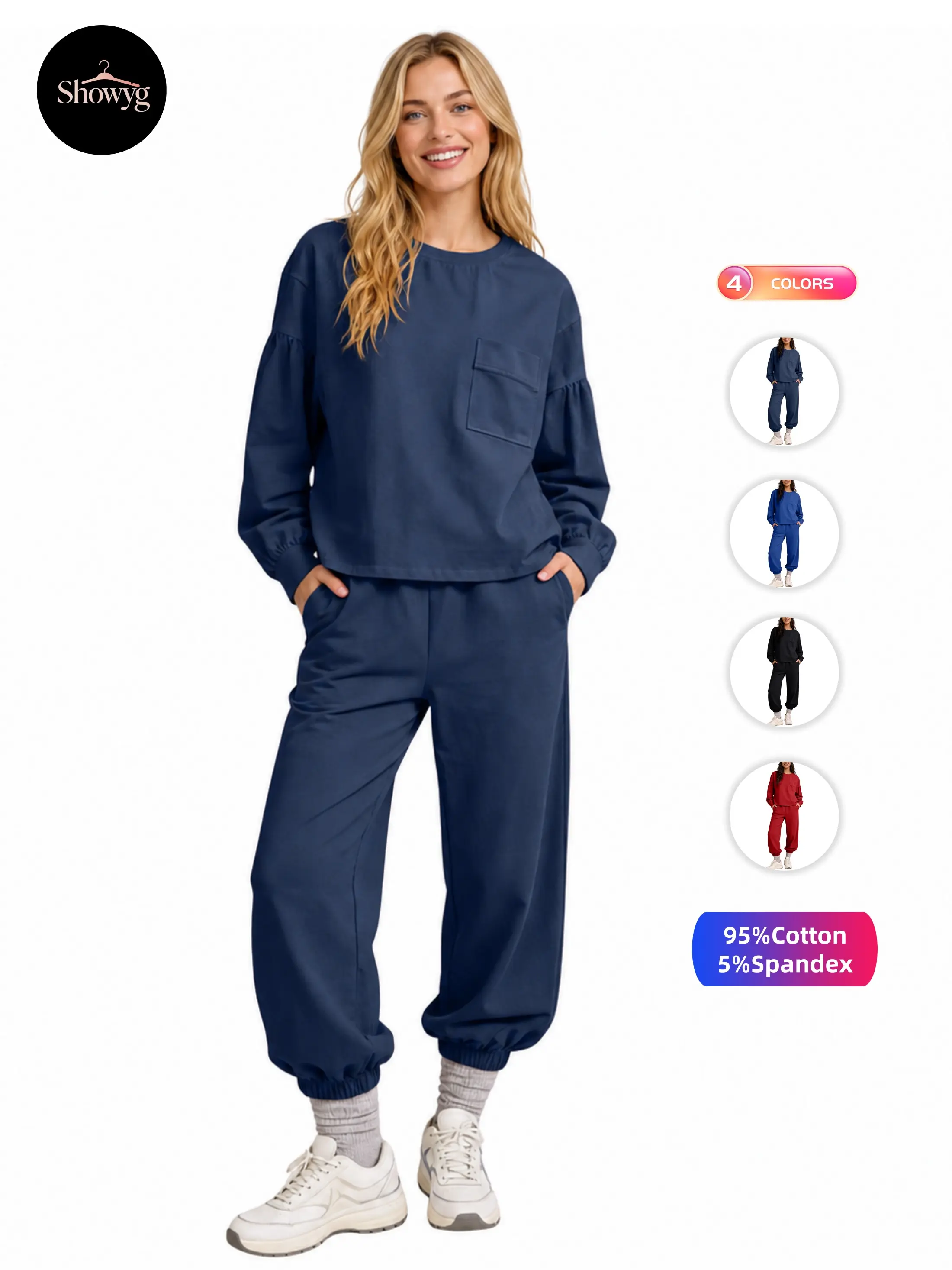 Showyg Women's 2-Piece Cotton Blend Lounge Set, Crew Neck Pocket Long Sleeve Top & Jogger Pants, Casual Athleisure Outfit for Workout Daily Wear