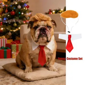 Viral Trump Hilarious Pet Costume Set | 2-Piece Easy-On Plaid Fleece Pajamas with Wig & Tie for Small Dogs & Cats