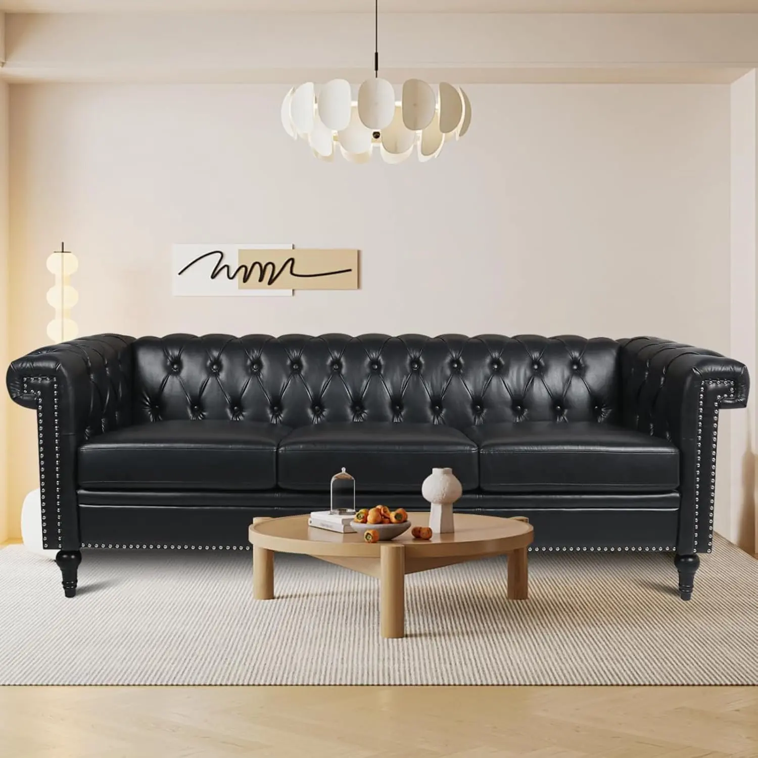 Sturdy 3-Seater Chesterfield PU Leather Sofa - 84in Indoor Furniture with Square Arms, Wood Legs, Button Tufting, Nailhead Accents, Dirt Resistant, Deep Seats, Assembly Required for Living Room