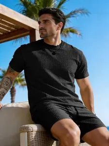 Men's Solid Color Short Sleeve Set with Drawstring Shorts, Summer Casual Comfort Fit, Fashion Design, Plain Pattern, No Zipper
